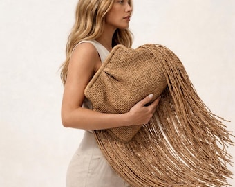 Natural Fringe Bag, Raffia Clutch Purse, Summer Fun Long Tassel Handbag, Boho Chic Pouch /HONEY Bestseller Color /NEW