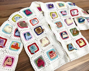 Granny Crochet Sweater, Cat Funny Sweater, Handmade Square Sweaters, Beige Square Granny Cardigan, Granny Square Cat Cardigan