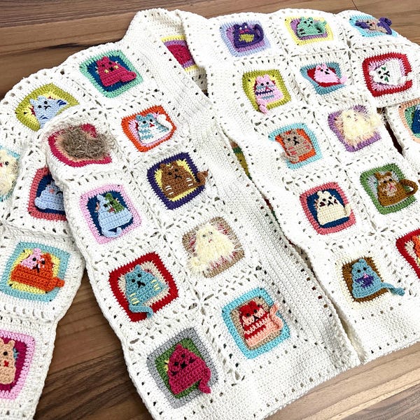 Suéter de ganchillo para abuela, suéter divertido de gato, suéteres cuadrados hechos a mano, cárdigan cuadrado beige para abuela, cárdigan cuadrado de gato para abuela