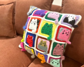 CAT Square Pillow Cover,  Colorful Cat Pillow Cover, Crochet Cat Figured Cushion, Many Cats Throw Pillowcase, Crochet Cushion Cat