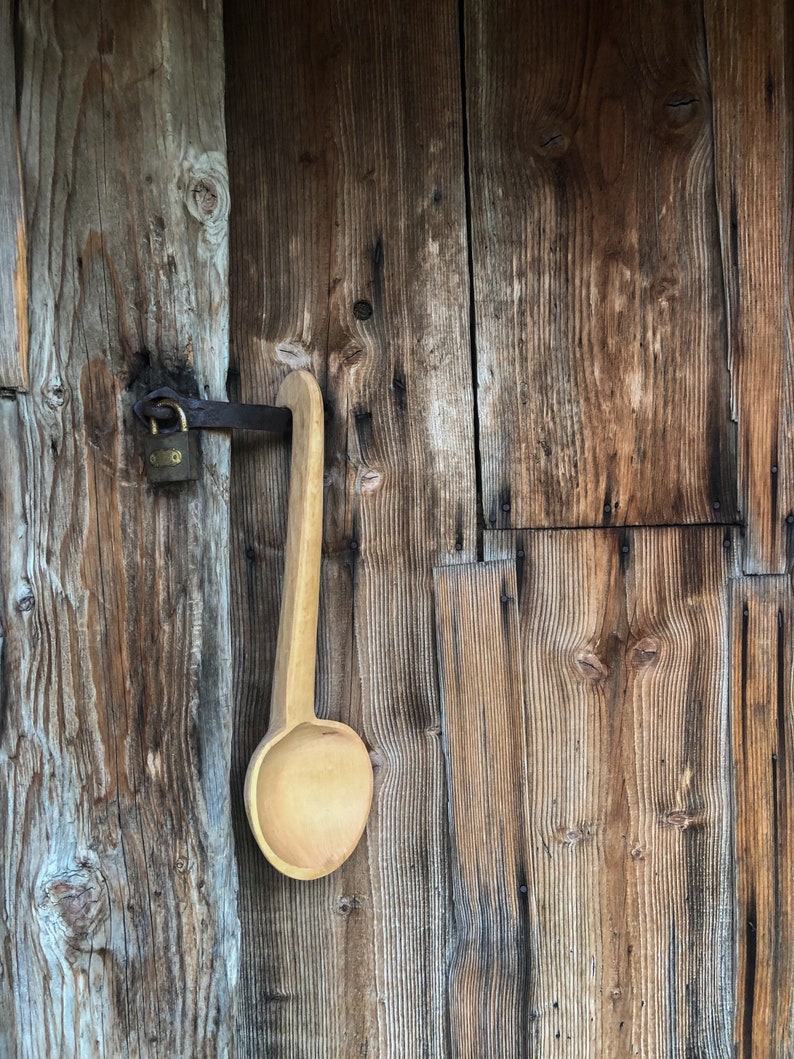 Oversized Handmade Wood Spoon, Vintage Cooking Spoon, Boho Wooden Kitchen Tool, Carved Big Wood Spoon, Handmade Rustic Serving Spoon, 16.5 image 2