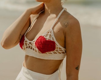 Top corto de corazón de ganchillo, Top corto rompecorazones, Top de bikini de ganchillo, Top de bikini de corazón de ganchillo para la playa, Top corto boho, Regalo de San Valentín para ella