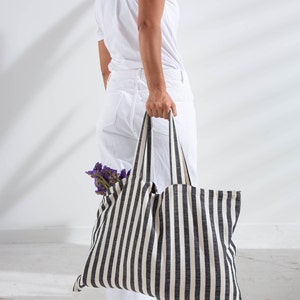 ZEBRA BAG, Striped Beach Bag, Black Striped Bag, Handwoven Peshtemal Bag, Tote Bag, Shopping Bag, Cotton Oversize Beach Bag with pocket