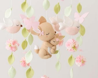 Handmade Woodland Crib Mobile: Felt Rabbit & Baby
