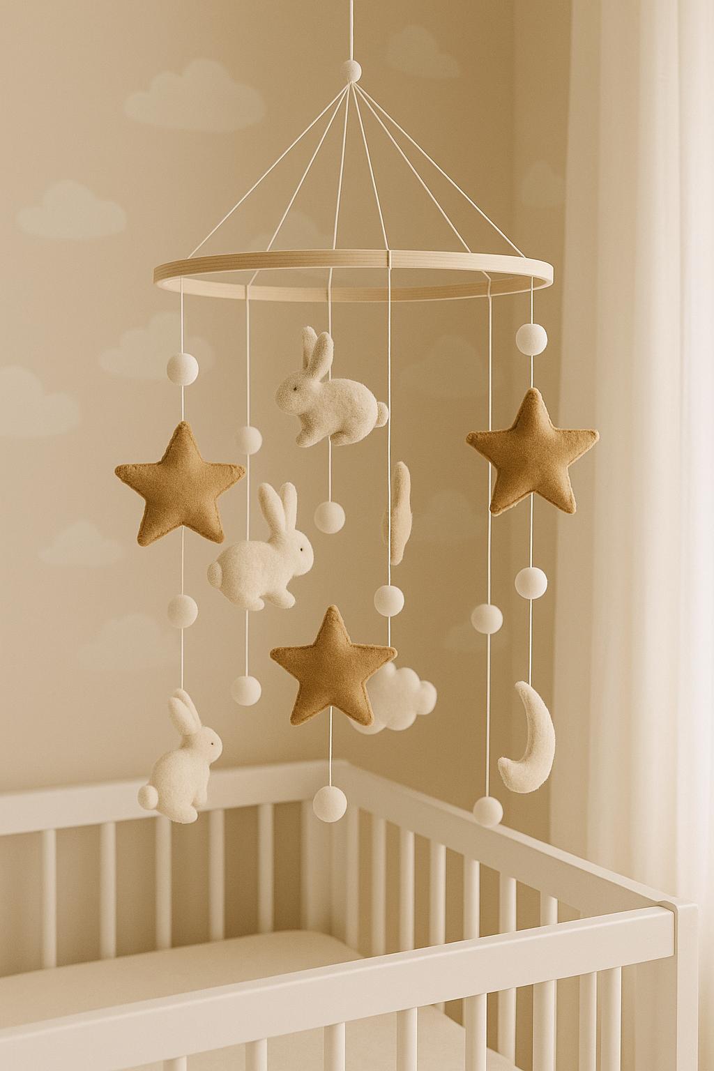 Neutral Rabbit Stuff For Rabbits Neutral Moon Baby Mobile: Felt Rabbits, Stars, Musical Crib Decor - Etsy