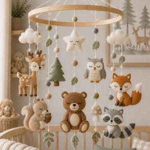 Op de afbeelding: Een hangende baby-mobiel met vilten bosdieren, waaronder een hert, uil, vos, eekhoorn, wasbeer en beer. De mobiel bevat vilten wolken, een ster, een dennenboom, een paddenstoel en bladeren die aan een rond houten frame zijn opgehangen.