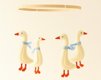 Handmade Musical Woodland Mobile: Felt Swan, Duck, Goose - Neutral Nursery Decor