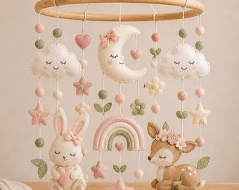 Felt Baby Mobile, Deer Bunny Rainbow Moon Nursery Decor, Handmade Crib Toy
