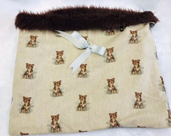 Reversible Cosy Snuggle Sack in gorgeous beige linen Chihuahua Fabric lined with faux fur