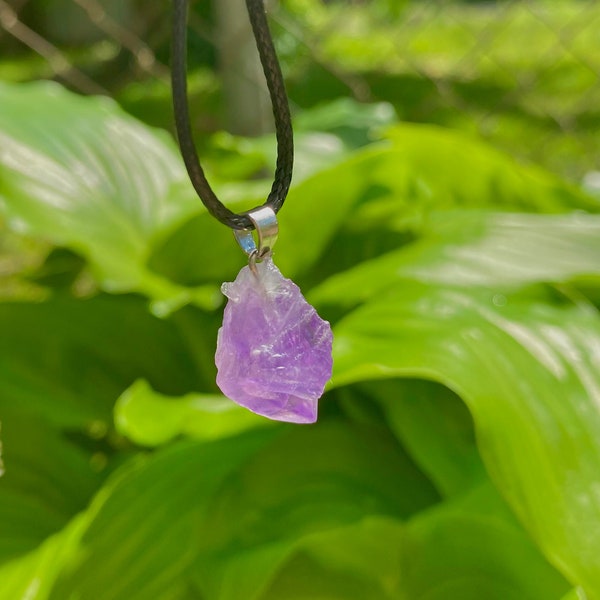 Amethyst Quartz Purple Small Raw Black Cord Necklace Choker | Healing crystal necklace free form nugget crystal pendant adjustable