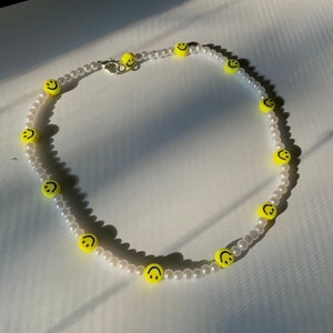 Yellow smiley pearl choker necklace | preppy jewelry | aesthetic smiley face | handmade, beaded necklaces | trendy y2k indie beaded | colors