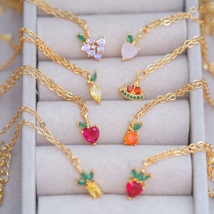 Gold Fruit Necklace, Dainty Necklace, Strawberry Necklace, Pineapple Pendant, Handmade Jewelry, Crystal Necklace, Fruit Pendant, Pinterest