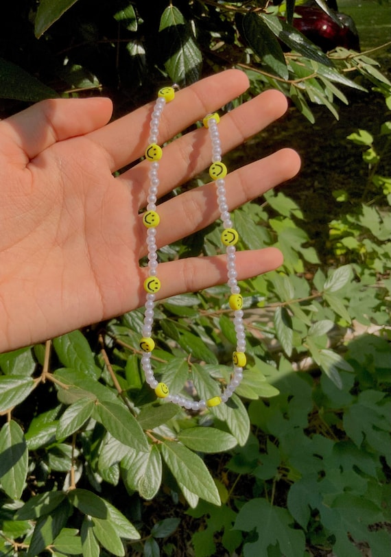 Yellow smiley pearl choker necklace | preppy jewelry | aesthetic smiley face | handmade, beaded necklaces | trendy y2k indie beaded | colors