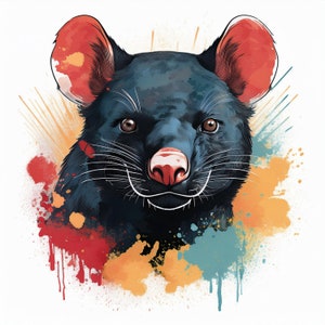 Puede incluir: Una ilustración en blanco y negro de un demonio de Tasmania sonriente con orejas rojas, sobre un fondo colorido de salpicaduras de pintura amarilla, naranja, roja y azul.