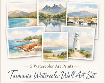 Tasmania Watercolor Art Prints, 5 Coastal Landscape Scenes (Digital Download)
