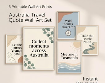 Australia Travel Quote Wall Art Set, 5 Printable Travel Prints, Digital Download, Neutral Home Decor
