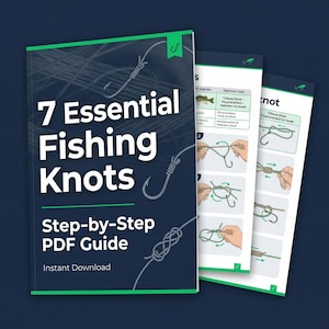 May include: A dark blue PDF guide titled "7 Essential Fishing Knots" with step-by-step instructions. The cover features fishing hooks and knots, with the words "Instant Download" at the bottom. Several pages are visible, showing knot diagrams.