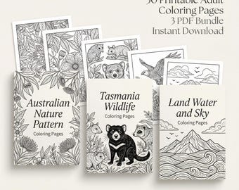 31 Printable Adult Coloring Pages Bundle, Australian Nature, Tasmania Wildlife (PDF Download)