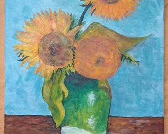 SALE ART - Original Canvas - Three Sunflowers in a Vase, Vincent van Gogh Reproduction. Hand-Painted in acrylics on a Canvas 30x40