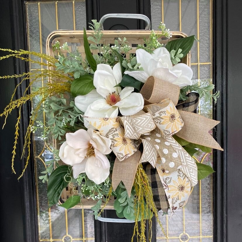 Hanging Floral Basket Tobacco Basket Magnolia Wreath Front Etsy UK