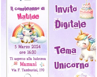 Unicorn Digital Invitation suitable for Birth, Birthday, Baptism of Baby Girl.