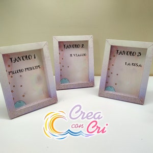 N.3 Segnatavolo a cornice - Tema Piccolo Principe - Lilla e Oro - Battesimo, Nascita, Compleanno, Prima Comunione - Bimbo e bimba.