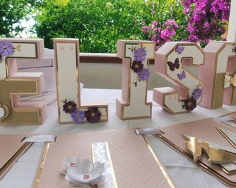 Lettere 3D, Rose & Gold, Prima Comunione, Diciottesimo, Compleanno, Scritta Nome - Ragazza, Bambina, Donna