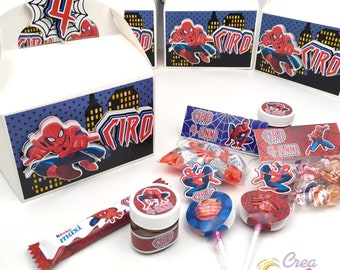 Spiderman Party Kit, personalized snacks with personalized gift box, suitable for Birthdays.