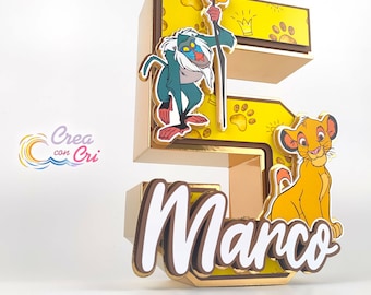 Lettera e Numero 3D Re Leone Disney, Personalizzato con nome, adatto per Nascita, Compleanno, Battesimo bambino e bambina.