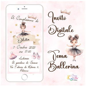Invito Digitale Ballerina adatto per Nascita, Compleanno, Battesimo, Prima Comunione Bimba.