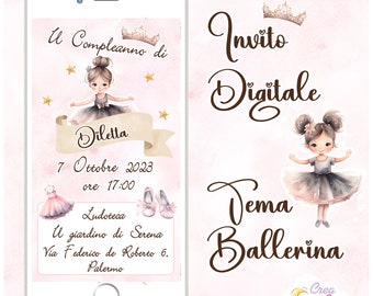 Invito Digitale Ballerina adatto per Nascita, Compleanno, Battesimo, Prima Comunione Bimba.