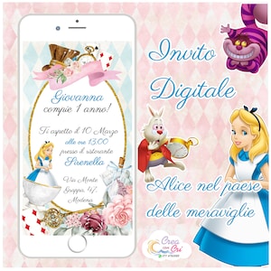 Invito Digitale Alice nel paese delle meraviglie, adatto per Nascita, Compleanno, Battesimo Bimba.