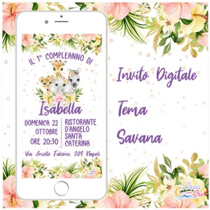 Invito Digitale Animali della Savana adatto per Compleanno, Battesimo, Comunione Bimbo, Bimba.