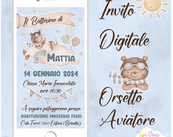 Aviator Bear Digital Invitation suitable for Birth, Birthday, Baptism, First Communion, Boy, Girl.