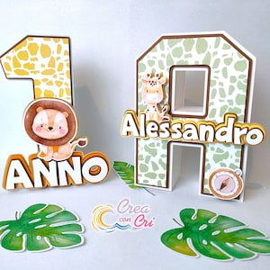 Lettere e Numeri 3D tema Safari, adatte per Nascita, Compleanno, Battesimo, Prima Comunione, Scritta Nome, Bambina, Bambino