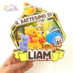 Cake Topper Winnie the Pooh Disney, personalizzato con nome, adatto per Nascita, Compleanno, Battesimo bambino e bambina.