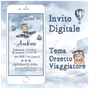 Invito Digitale Orsetto Viaggiatore  adatto per Nascita, Compleanno, Battesimo, Prima Comunione Bimbo, Bimba.