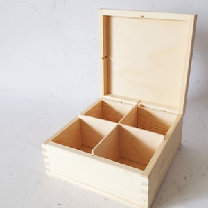 Tea box with 4 compartments, tea box, wooden box, DIY box, decoupage, untreated tea box unpainted wood tea box, storage box
