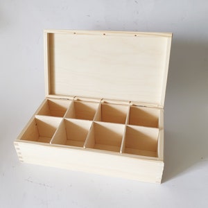 Tea box with 8 compartments, tea box, wooden box, DIY box, decoupage, untreated tea box unpainted wood tea box, storage box