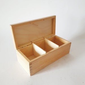 Tea box with 3 compartments, tea box, wooden box, DIY box, decoupage, untreated tea box unpainted wood tea box, storage box