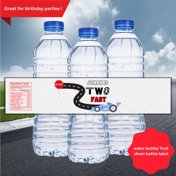 personalised birthday party two fast water bottle/ fruit shoot label fast one