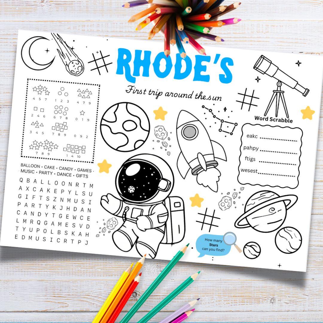 Space Man, Party Birthday Activity Sheets | First Trip Around the Sun ...