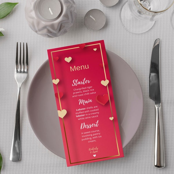 SELF-edited Valentine Menu Template, Dinner Menu Card,  Menu Card, High Quality Printable