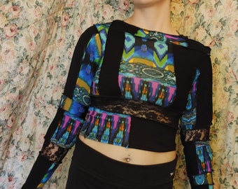 Camisa de manga larga con parches, prenda textil reciclada