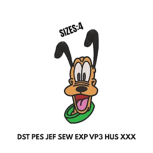 Puede incluir: Un diseño de bordado que muestra un perro de dibujos animados con orejas negras largas, cara color canela y un collar verde. El diseño incluye el texto SIZES:4 en la parte superior y los formatos de archivo DST PES JEF SEW EXP VP3 HUS XXX abajo.