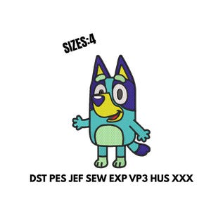 May include: An embroidery design of a blue dog character with a yellow snout, dark blue ears, and a light green belly. The text SIZES:4 appears at the top, and the text DST PES JEF SEW EXP VP3 HUS XXX is printed at the bottom of the image.