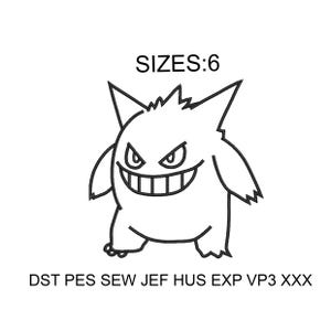 May include: Black and white line art of a cartoon monster with sharp teeth and pointed ears. The text "SIZES:6" is above the monster. Below the monster are the letters "DST PES SEW JEF HUS EXP VP3 XXX".