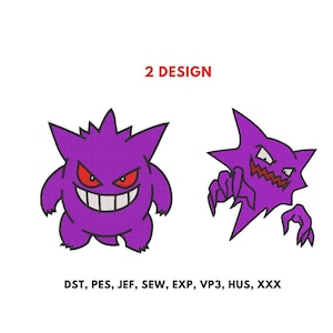 Puede incluir: Dos diseños de bordado morados con dientes afilados y ojos rojos. El texto 2 DESIGN aparece en la parte superior, y el texto DST, PES, JEF, SEW, EXP, VP3, HUS, XXX está impreso en la parte inferior de esta colección de archivos.