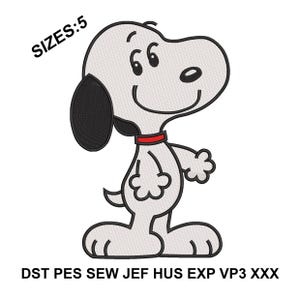 May include: An embroidered image of Snoopy, a cartoon dog, in a standing pose. Snoopy is white with black ears and a black nose and eyes. He wears a red collar. The text "SIZES:5" is in the upper left corner. The text "DST PES SEW JEF HUS EXP VP3 XXX" is at the bottom.