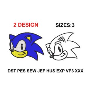 May include: Two embroidery designs of a cartoon hedgehog head, one in blue, yellow, and white, and one as a black outline. Text reads 2 DESIGN, SIZES:3, and file formats DST PES SEW JEF HUS EXP VP3 XXX. The designs feature a spiky head and a smile.